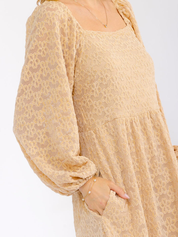 WOMEN'S LONG SLEEVE SQUARE NECK POCKETS FLORAL DETAILED ELASTIC WAIST MIDI DRESS