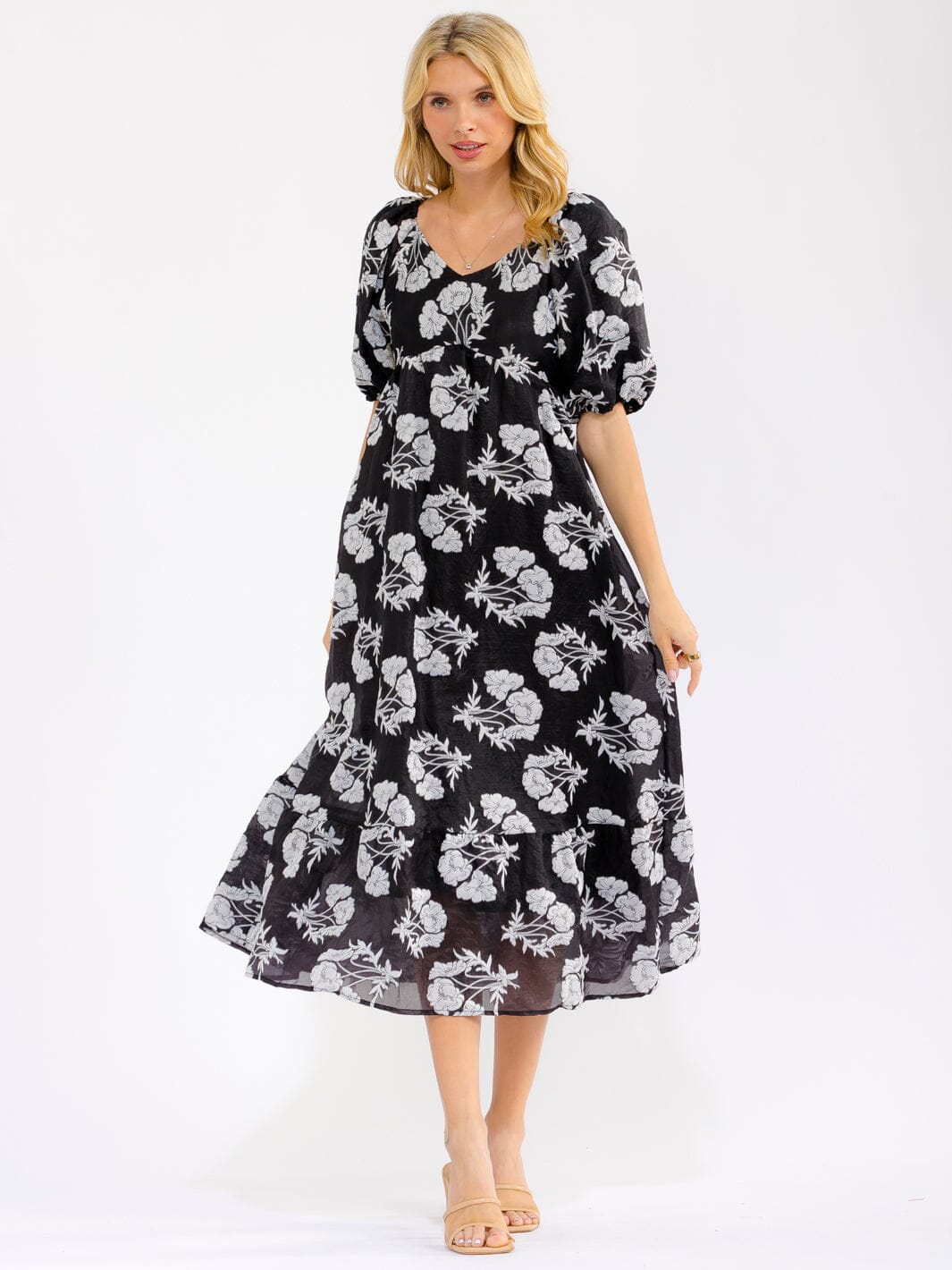 WOMEN'S SHORT SLEEVE V-NECK ELASTIC WAIST FRONT POCKETS FLORAL MAXI DRESS