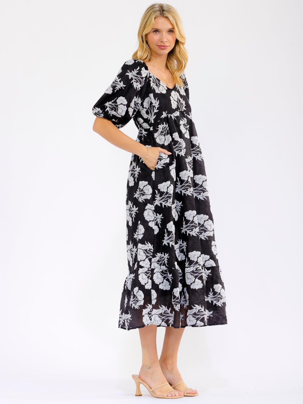 WOMEN'S SHORT SLEEVE V-NECK ELASTIC WAIST FRONT POCKETS FLORAL MAXI DRESS