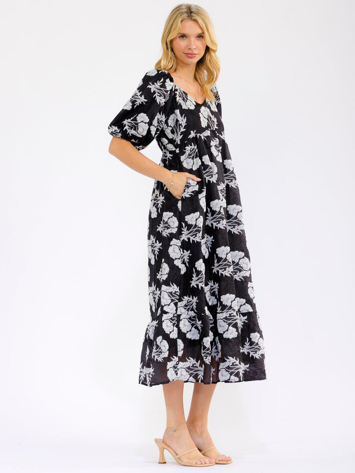 WOMEN'S SHORT SLEEVE V-NECK ELASTIC WAIST FRONT POCKETS FLORAL MAXI DRESS
