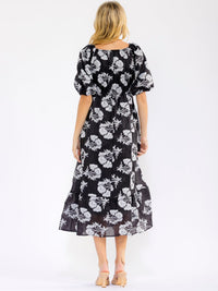 WOMEN'S SHORT SLEEVE V-NECK ELASTIC WAIST FRONT POCKETS FLORAL MAXI DRESS