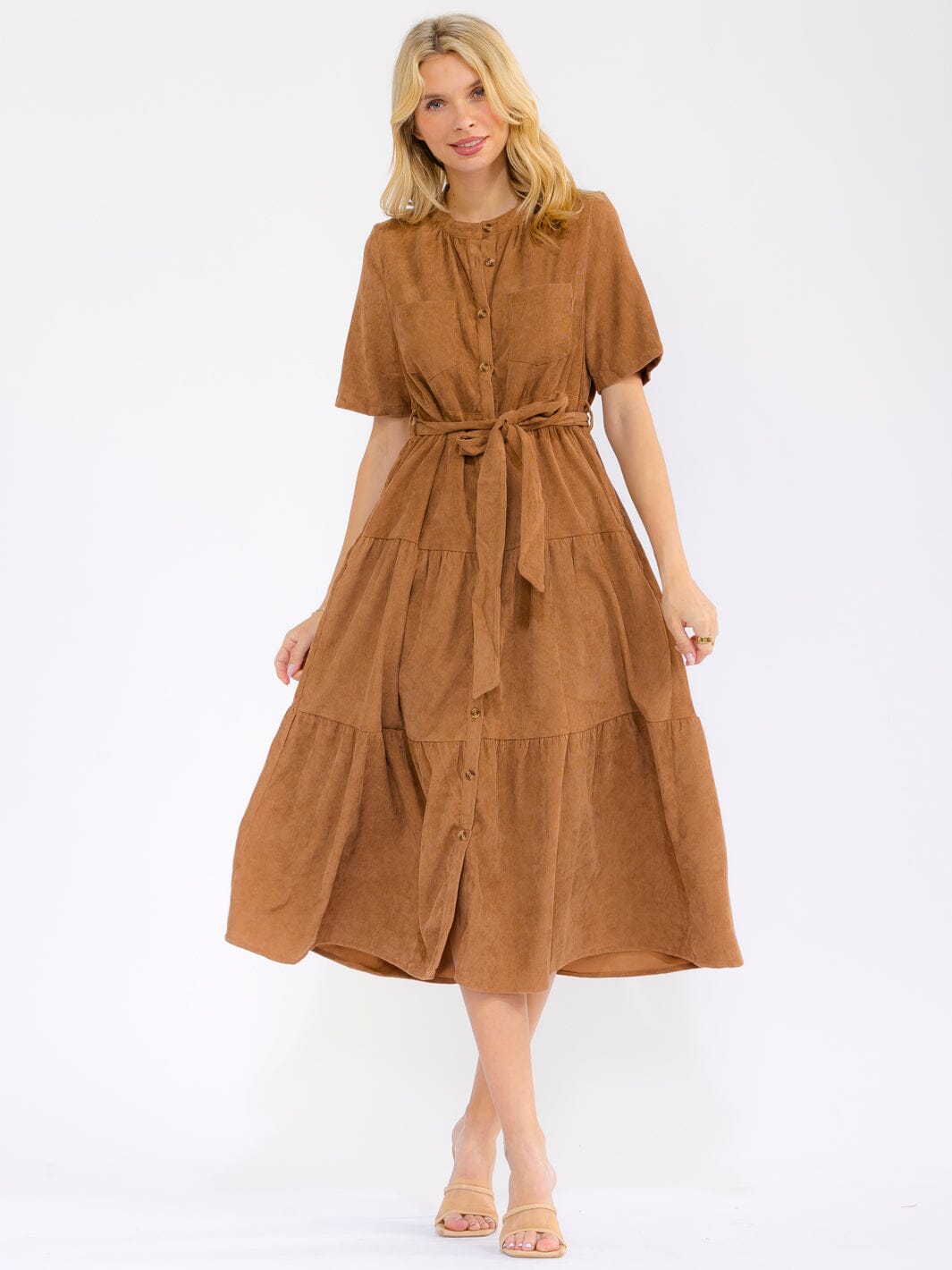 WOMEN'S SHORT SLEEVE BUTTON UP FRONT POCKETS RIBBED TIERED MIDI DRESS