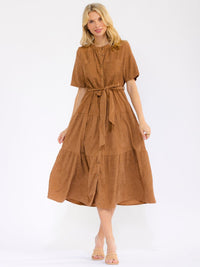 WOMEN'S SHORT SLEEVE BUTTON UP FRONT POCKETS RIBBED TIERED MIDI DRESS
