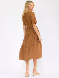 WOMEN'S SHORT SLEEVE BUTTON UP FRONT POCKETS RIBBED TIERED MIDI DRESS