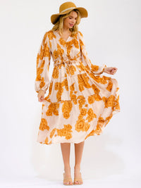 WOMEN'S LONG SLEEVE V-NECK POCKETS ELASTIC WAIST TIERED FLORAL MIDI DRESS