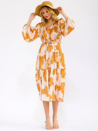 WOMEN'S LONG SLEEVE V-NECK POCKETS ELASTIC WAIST TIERED FLORAL MIDI DRESS