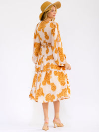 WOMEN'S LONG SLEEVE V-NECK POCKETS ELASTIC WAIST TIERED FLORAL MIDI DRESS