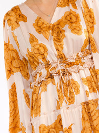 WOMEN'S LONG SLEEVE V-NECK POCKETS ELASTIC WAIST TIERED FLORAL MIDI DRESS