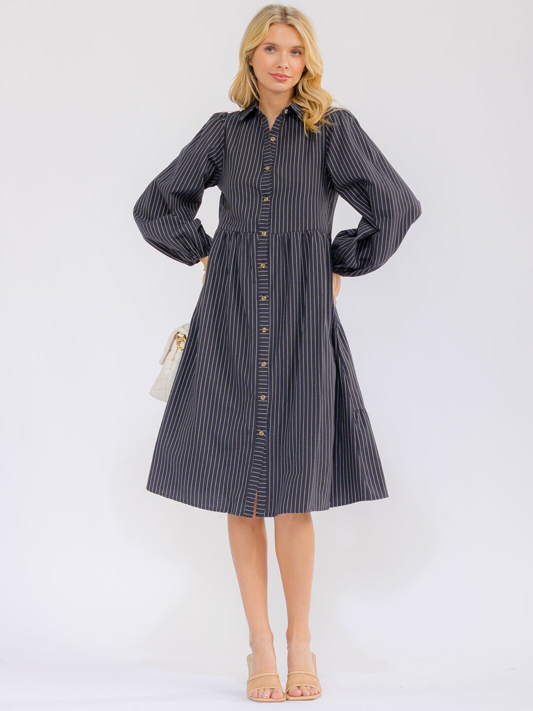WOMEN'S LONG SLEEVE BUTTON UP FRONT POCKETS STRIPES MIDI DRESS