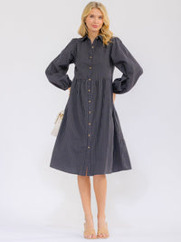 WOMEN'S LONG SLEEVE BUTTON UP FRONT POCKETS STRIPES MIDI DRESS