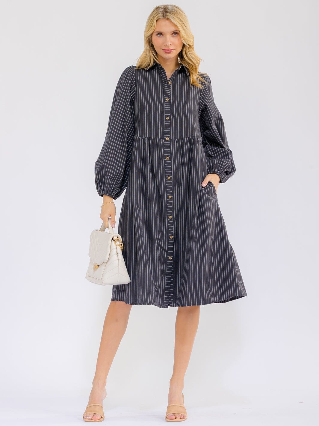 WOMEN'S LONG SLEEVE BUTTON UP FRONT POCKETS STRIPES MIDI DRESS
