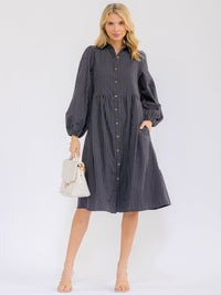 WOMEN'S LONG SLEEVE BUTTON UP FRONT POCKETS STRIPES MIDI DRESS