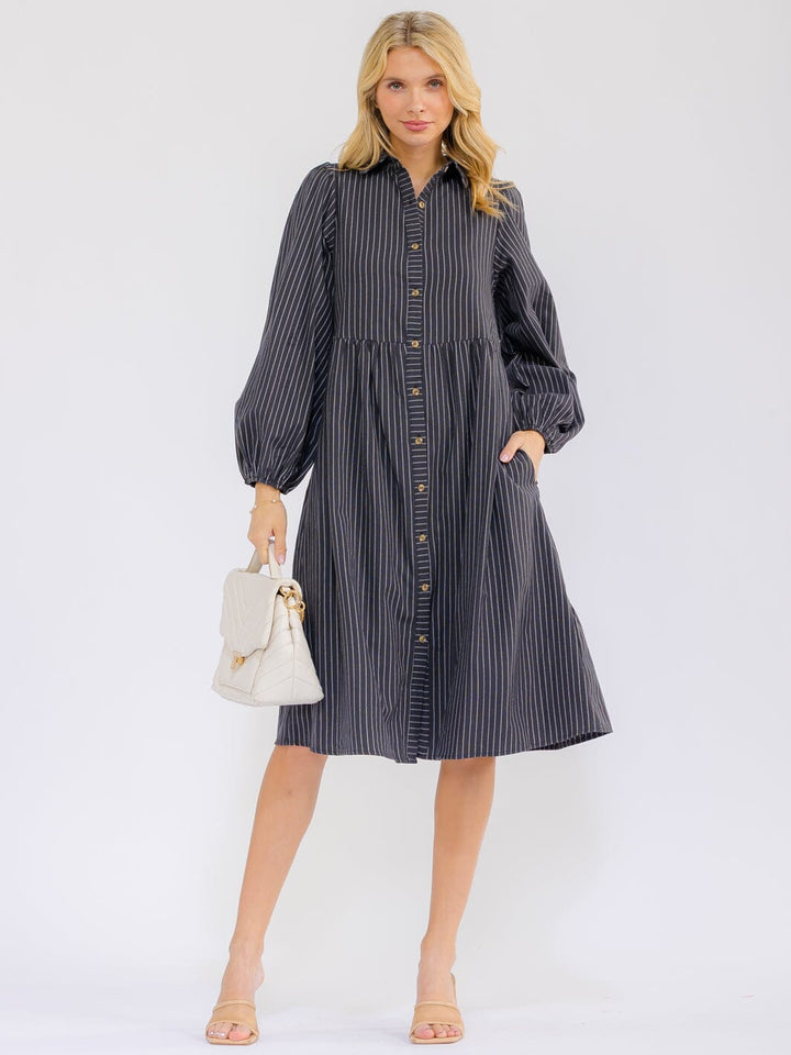 WOMEN'S LONG SLEEVE BUTTON UP FRONT POCKETS STRIPES MIDI DRESS