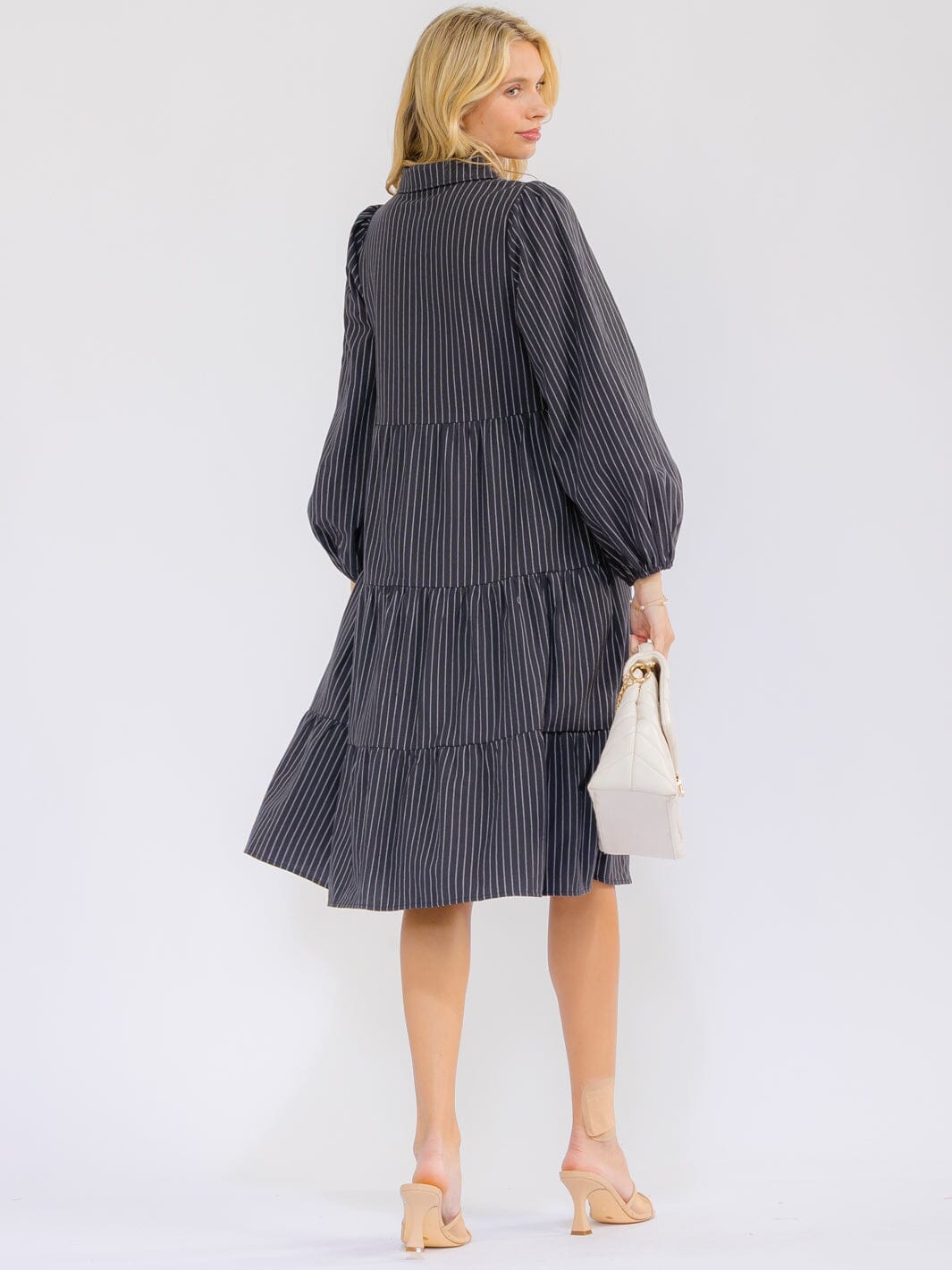 WOMEN'S LONG SLEEVE BUTTON UP FRONT POCKETS STRIPES MIDI DRESS