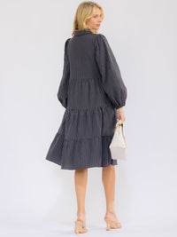 WOMEN'S LONG SLEEVE BUTTON UP FRONT POCKETS STRIPES MIDI DRESS