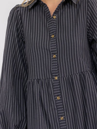 WOMEN'S LONG SLEEVE BUTTON UP FRONT POCKETS STRIPES MIDI DRESS