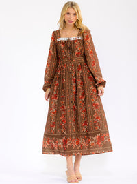 WOMEN'S LONG SLEEVE SQUARE NECK FRONT POCKETS FLORAL MAXI DRESS