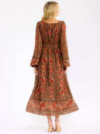 WOMEN'S LONG SLEEVE SQUARE NECK FRONT POCKETS FLORAL MAXI DRESS