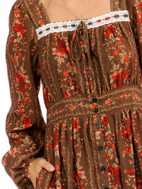 WOMEN'S LONG SLEEVE SQUARE NECK FRONT POCKETS FLORAL MAXI DRESS
