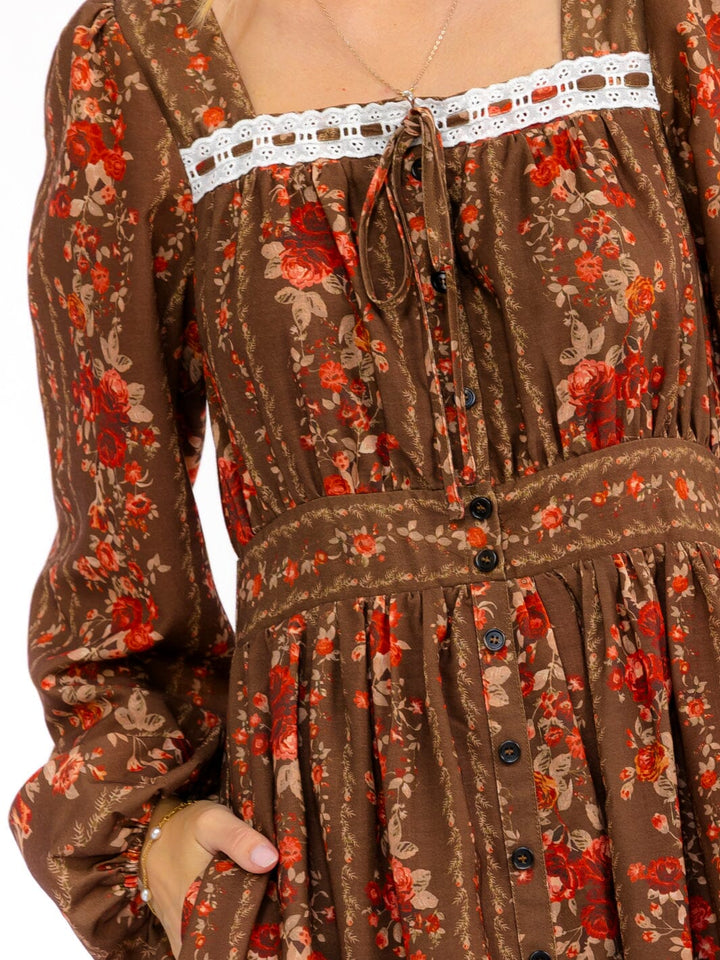 WOMEN'S LONG SLEEVE SQUARE NECK FRONT POCKETS FLORAL MAXI DRESS