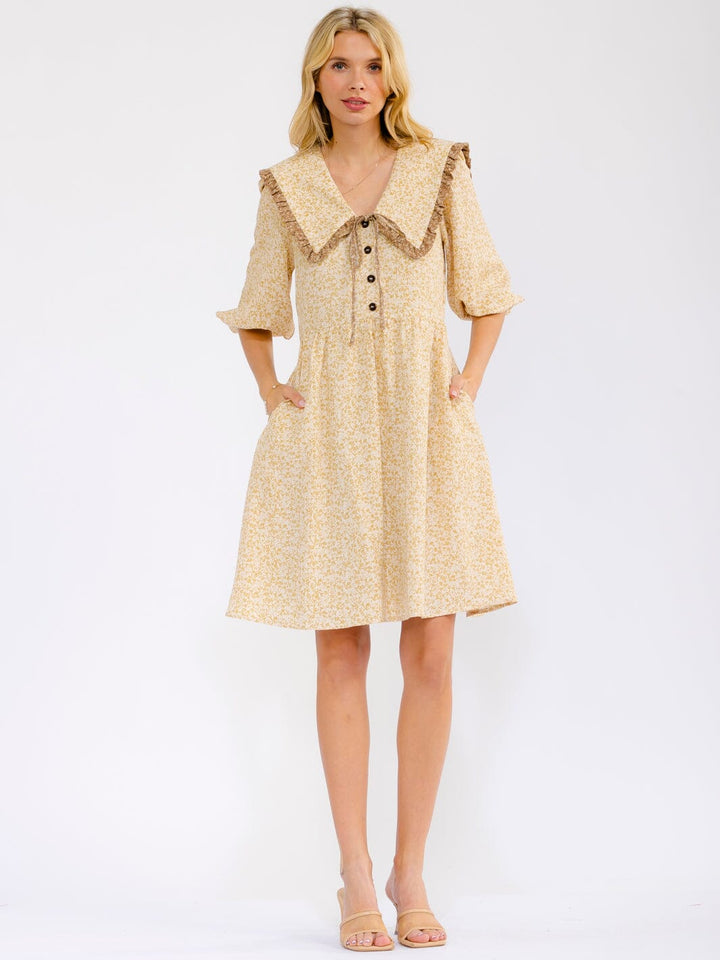 WOMEN'S 3/4 SLEEVE V-NECK BUTTON UP FRONT POCKETS FLORAL MINI DRESS