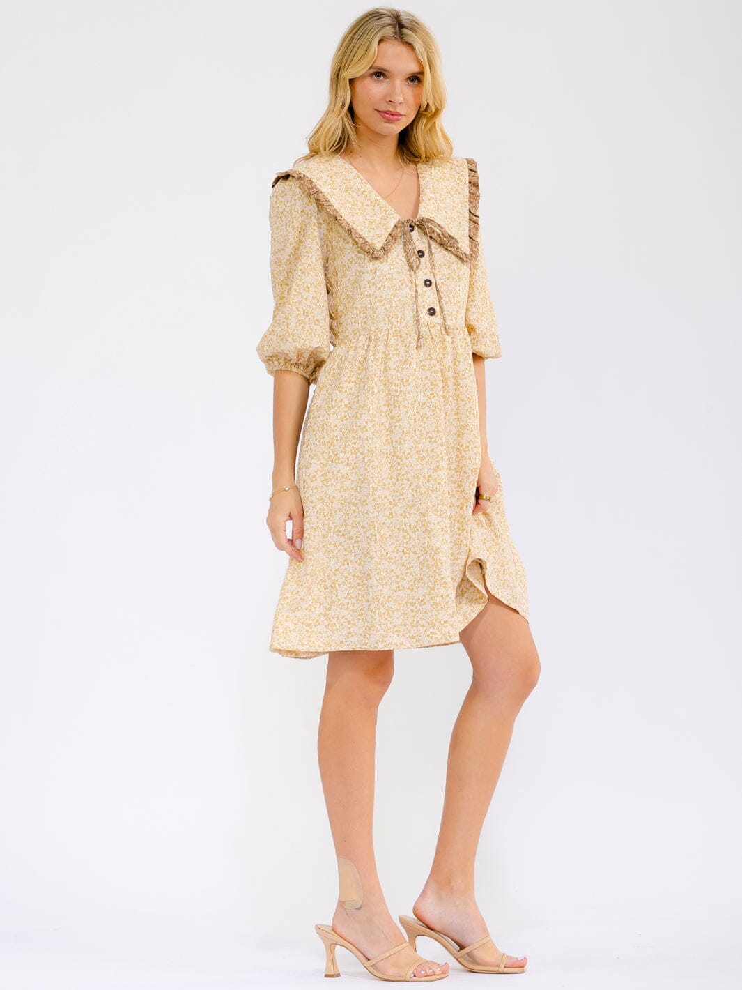 WOMEN'S 3/4 SLEEVE V-NECK BUTTON UP FRONT POCKETS FLORAL MINI DRESS