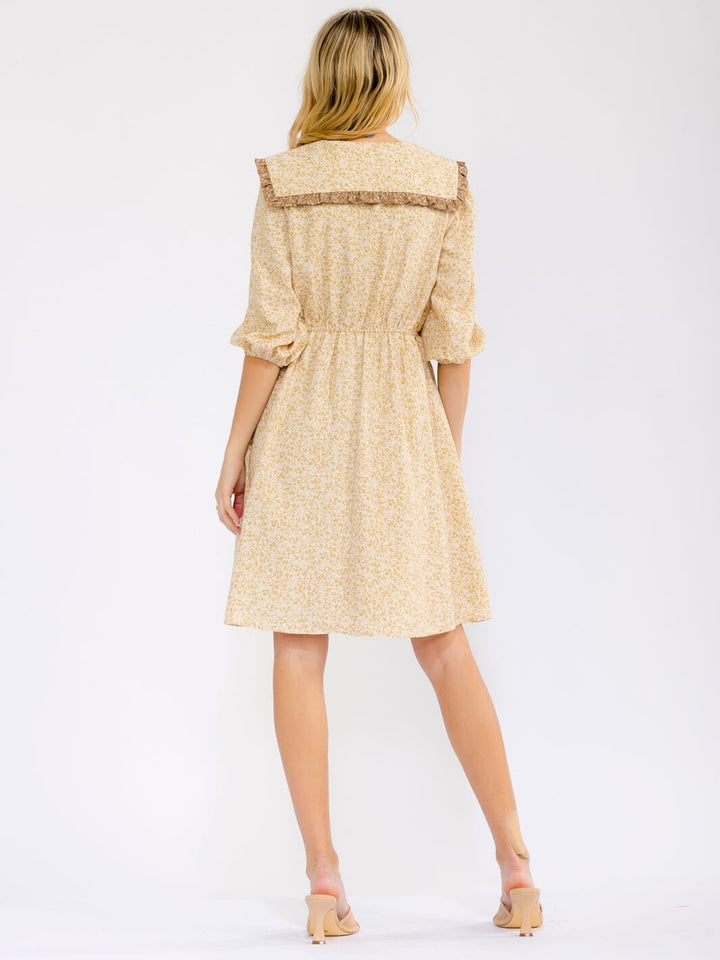 WOMEN'S 3/4 SLEEVE V-NECK BUTTON UP FRONT POCKETS FLORAL MINI DRESS