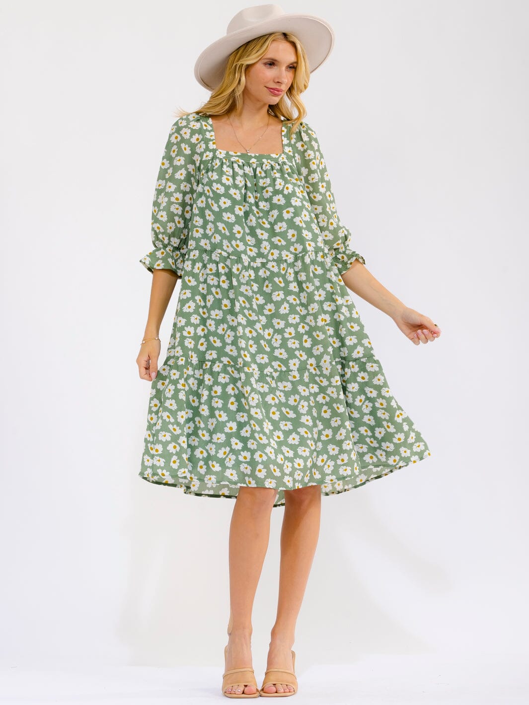 WOMEN'S 3/4 SLEEVE SQUARE NECK FRONT POCKETS FLORAL MINI DRESS