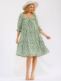 WOMEN'S 3/4 SLEEVE SQUARE NECK FRONT POCKETS FLORAL MINI DRESS