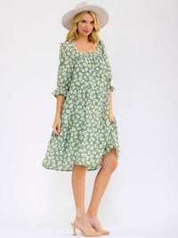 WOMEN'S 3/4 SLEEVE SQUARE NECK FRONT POCKETS FLORAL MINI DRESS