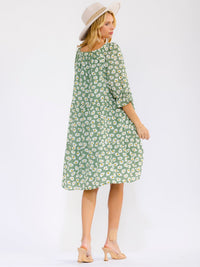 WOMEN'S 3/4 SLEEVE SQUARE NECK FRONT POCKETS FLORAL MINI DRESS