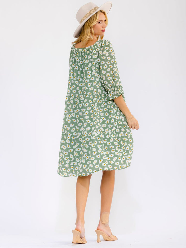 WOMEN'S 3/4 SLEEVE SQUARE NECK FRONT POCKETS FLORAL MINI DRESS