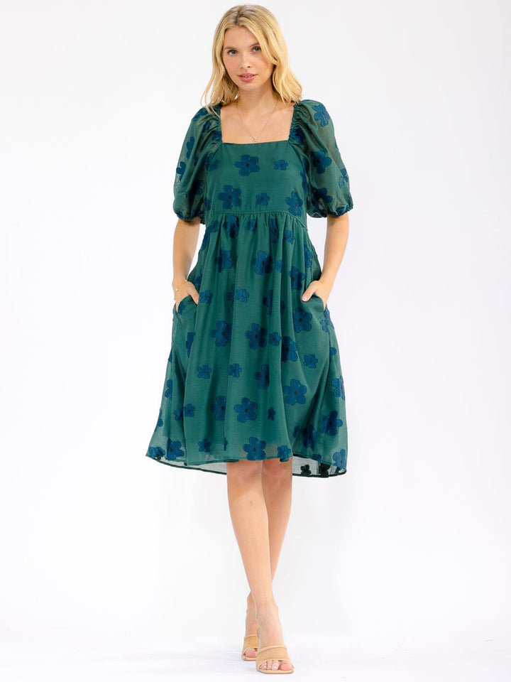 WOMEN'S SHORT PUFF SLEEVE SMOCK SQUARE NECK FRONT POCKETS FLORAL MINI DRESS
