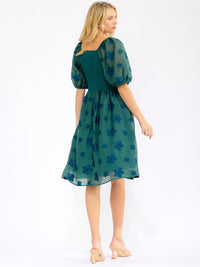 WOMEN'S SHORT PUFF SLEEVE SMOCK SQUARE NECK FRONT POCKETS FLORAL MINI DRESS