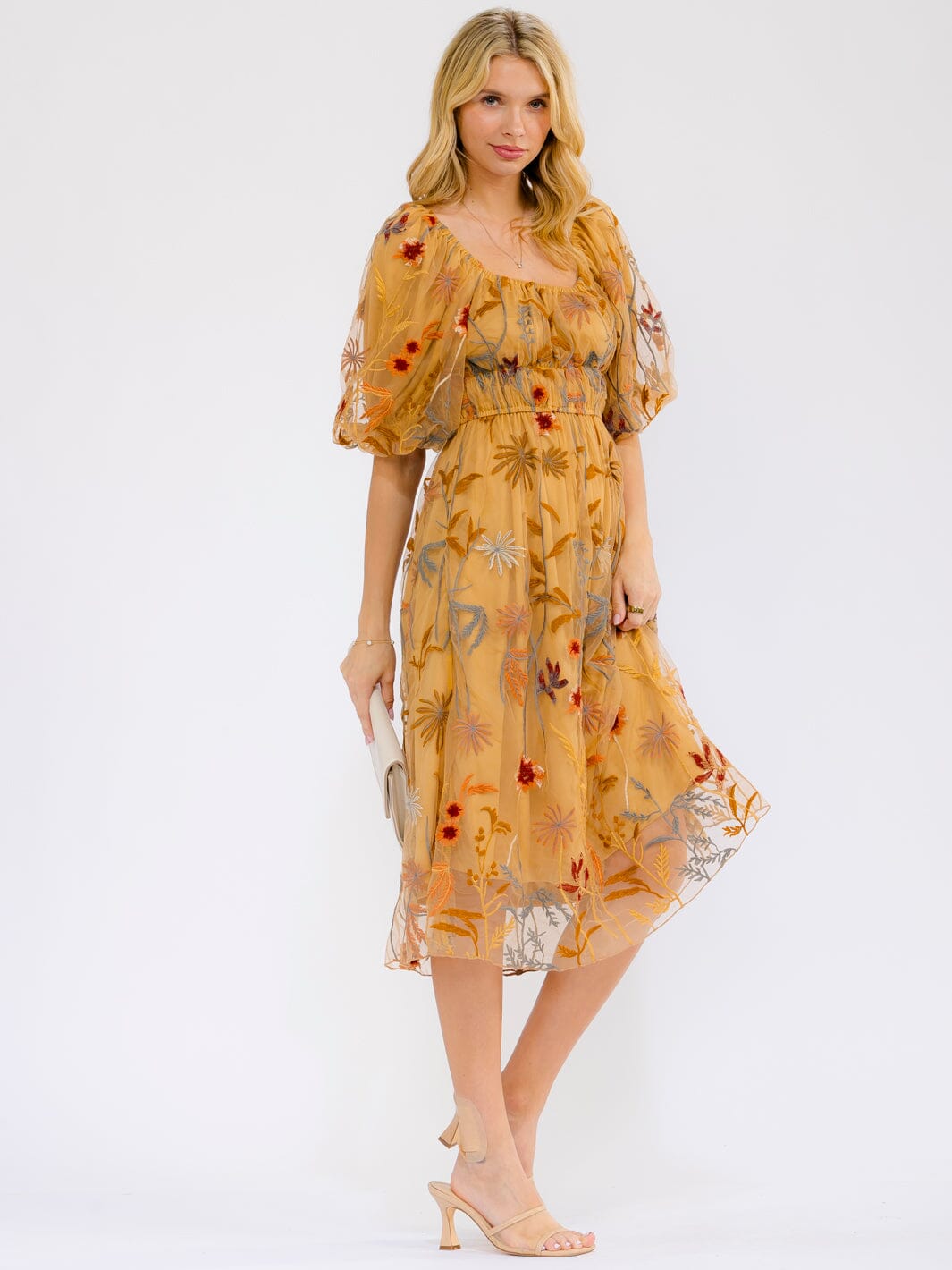 WOMEN'S SHORT SLEEVE SQUARE NECK ELASTIC WAIST EMBROIDERY FLORAL MIDI DRESS