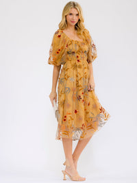 WOMEN'S SHORT SLEEVE SQUARE NECK ELASTIC WAIST EMBROIDERY FLORAL MIDI DRESS