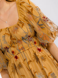 WOMEN'S SHORT SLEEVE SQUARE NECK ELASTIC WAIST EMBROIDERY FLORAL MIDI DRESS