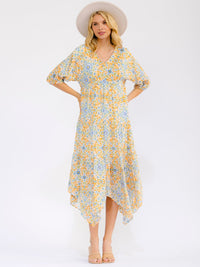 WOMEN'S SHORT SLEEVE V-NECK FRONT POCKETS TIERED FLORAL MAXI DRESS