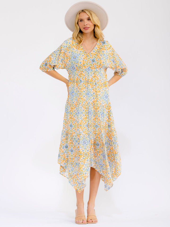 WOMEN'S SHORT SLEEVE V-NECK FRONT POCKETS TIERED FLORAL MAXI DRESS