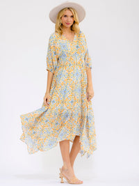 WOMEN'S SHORT SLEEVE V-NECK FRONT POCKETS TIERED FLORAL MAXI DRESS