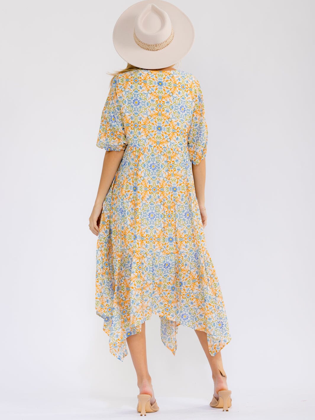 WOMEN'S SHORT SLEEVE V-NECK FRONT POCKETS TIERED FLORAL MAXI DRESS