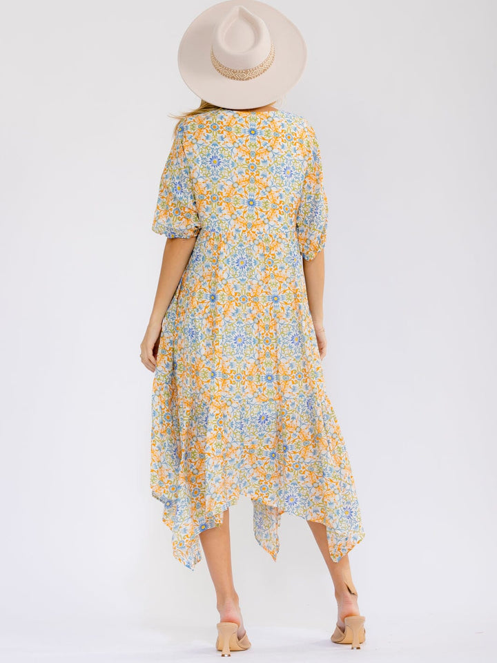 WOMEN'S SHORT SLEEVE V-NECK FRONT POCKETS TIERED FLORAL MAXI DRESS