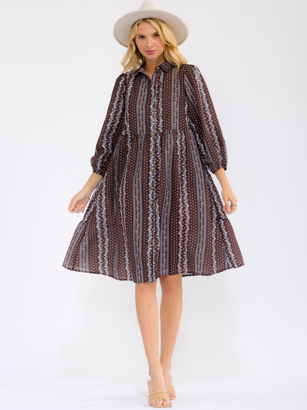 WOMEN'S 3/4 SLEEVE BUTTON UP FRONT POCKETS FLORAL MIDI DRESS