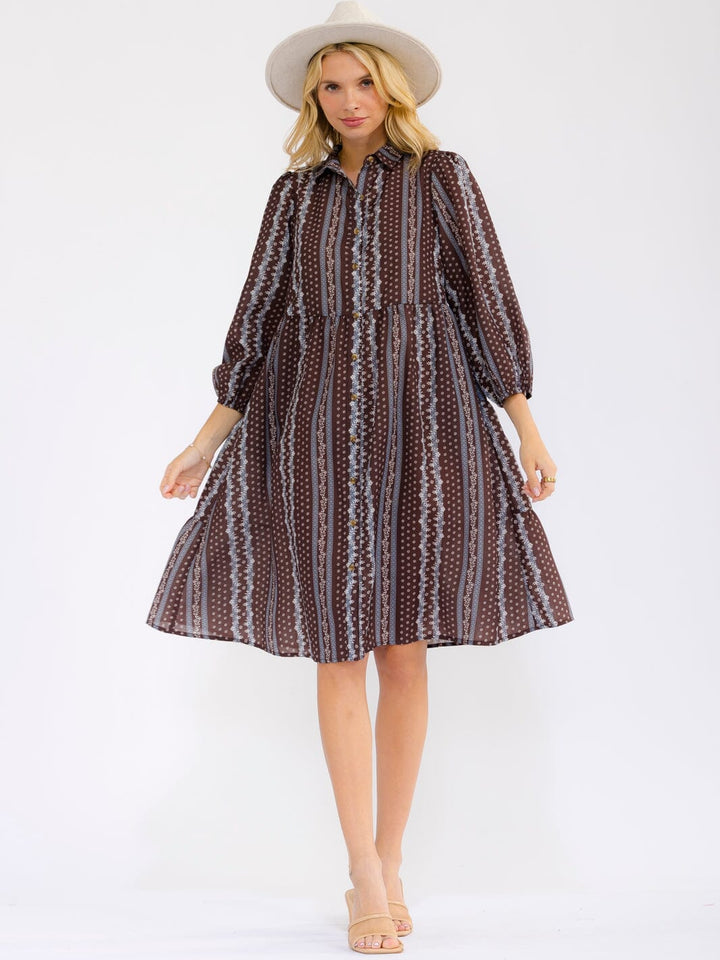 WOMEN'S 3/4 SLEEVE BUTTON UP FRONT POCKETS FLORAL MIDI DRESS