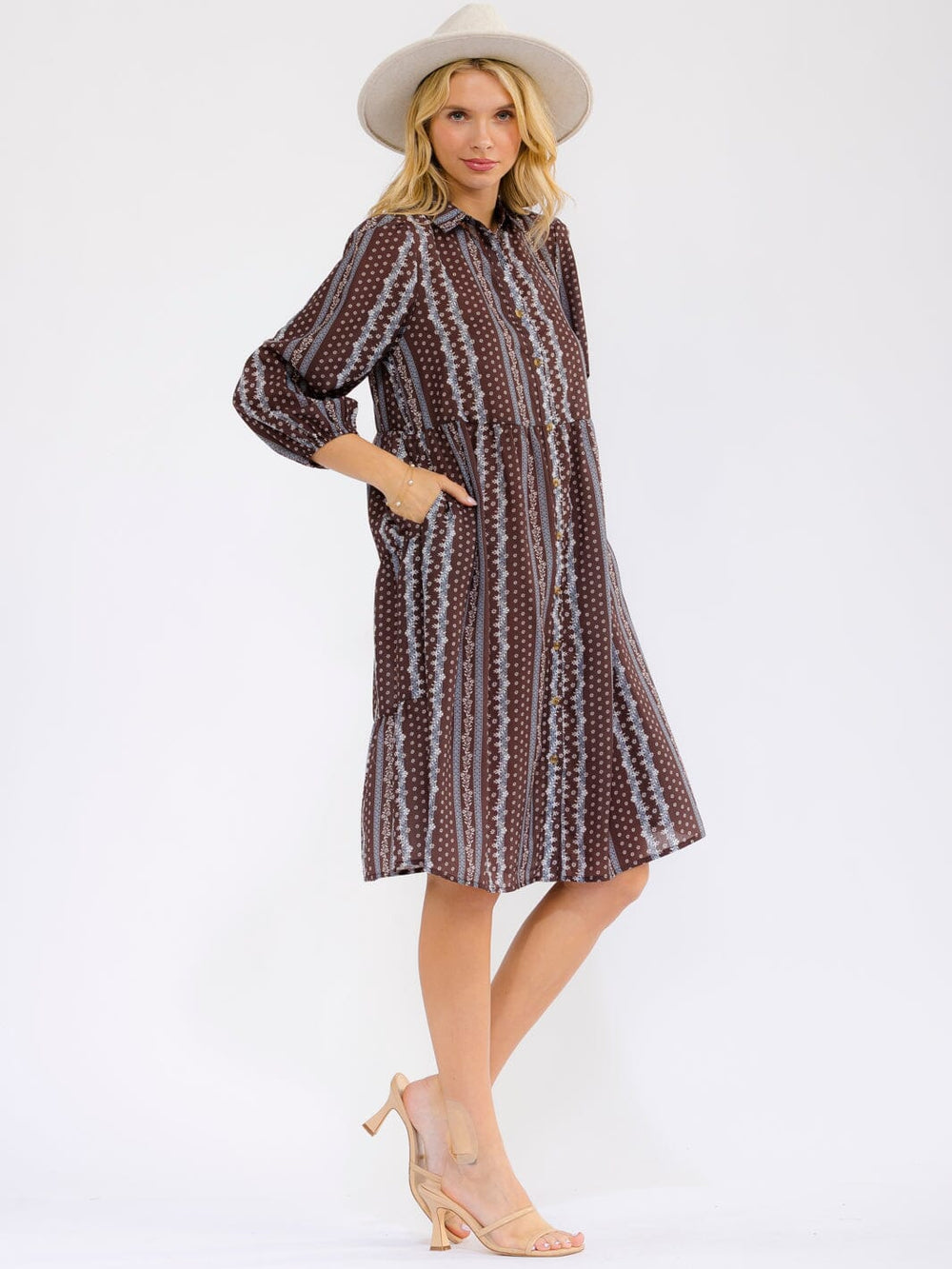 WOMEN'S 3/4 SLEEVE BUTTON UP FRONT POCKETS FLORAL MIDI DRESS