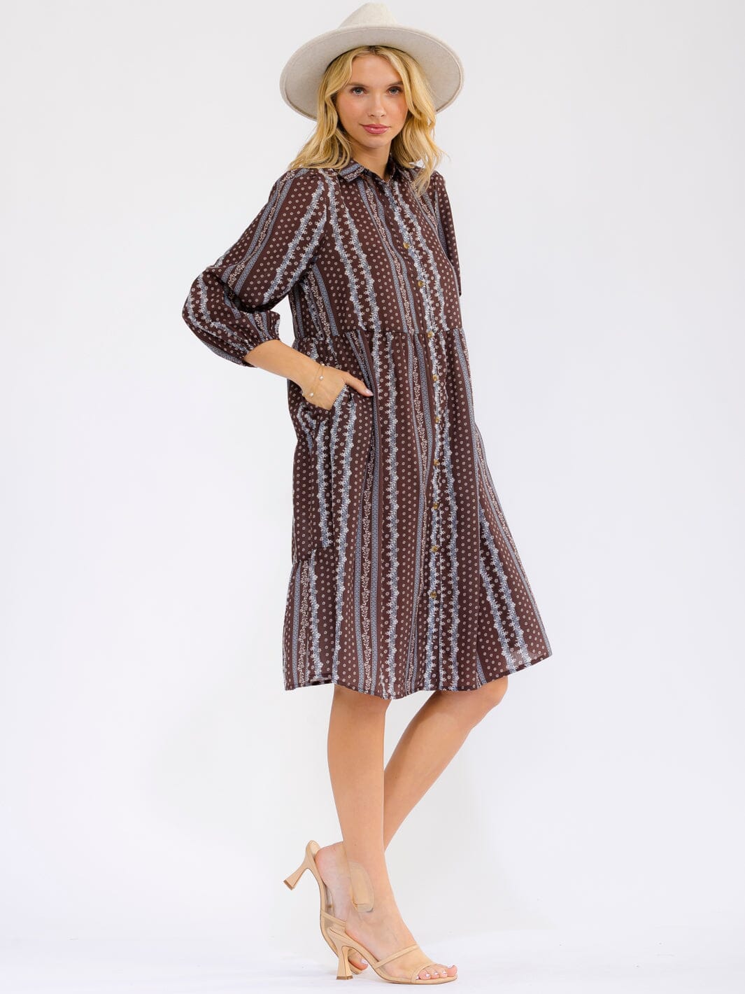 WOMEN'S 3/4 SLEEVE BUTTON UP FRONT POCKETS FLORAL MIDI DRESS