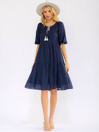 WOMEN'S SHORT PUFF SLEEVE FRONT POCKETS TIERED MIDI DRESS