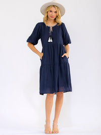 WOMEN'S SHORT PUFF SLEEVE FRONT POCKETS TIERED MIDI DRESS