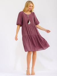 WOMEN'S SHORT PUFF SLEEVE FRONT POCKETS TIERED MIDI DRESS