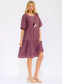 WOMEN'S SHORT PUFF SLEEVE FRONT POCKETS TIERED MIDI DRESS